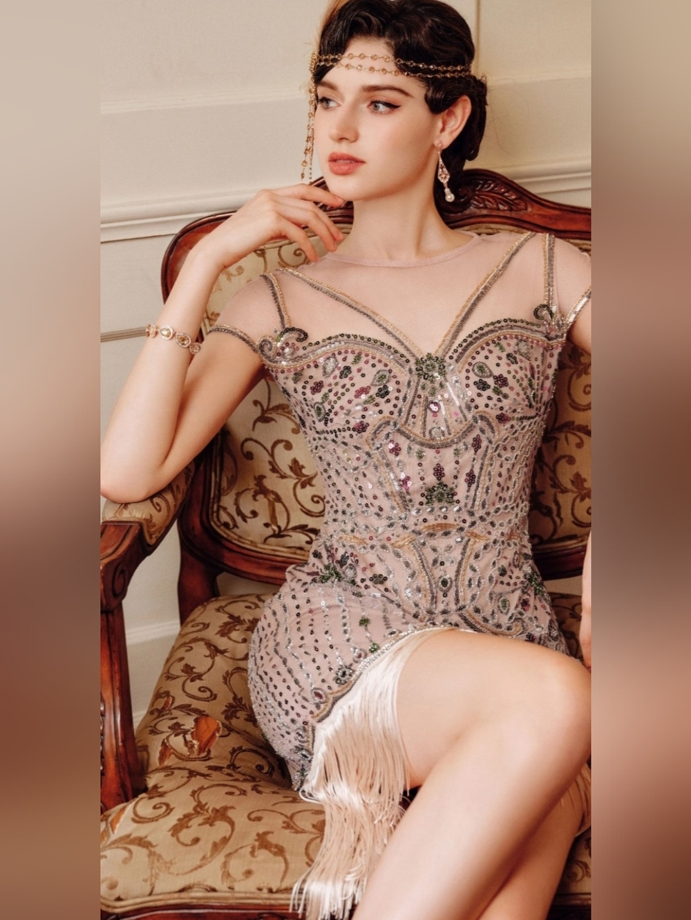 Elegant Pink Beaded Fringe Evening Dress